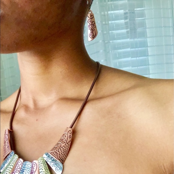 Tribal Copper Silver Gold Fan Bib Necklace - Picture 3 of 7